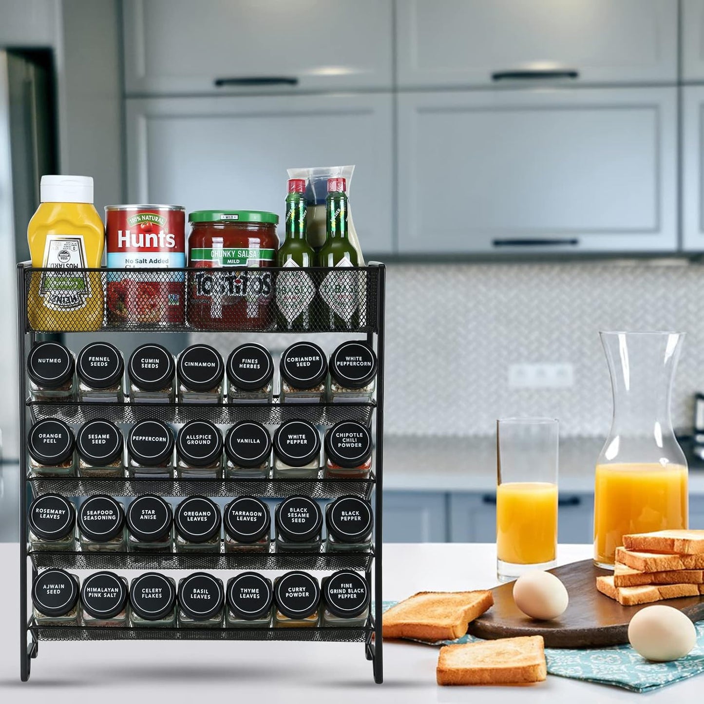 Spice Rack Organizer with 28 Spice Jars, Black Lids，Spice Labels