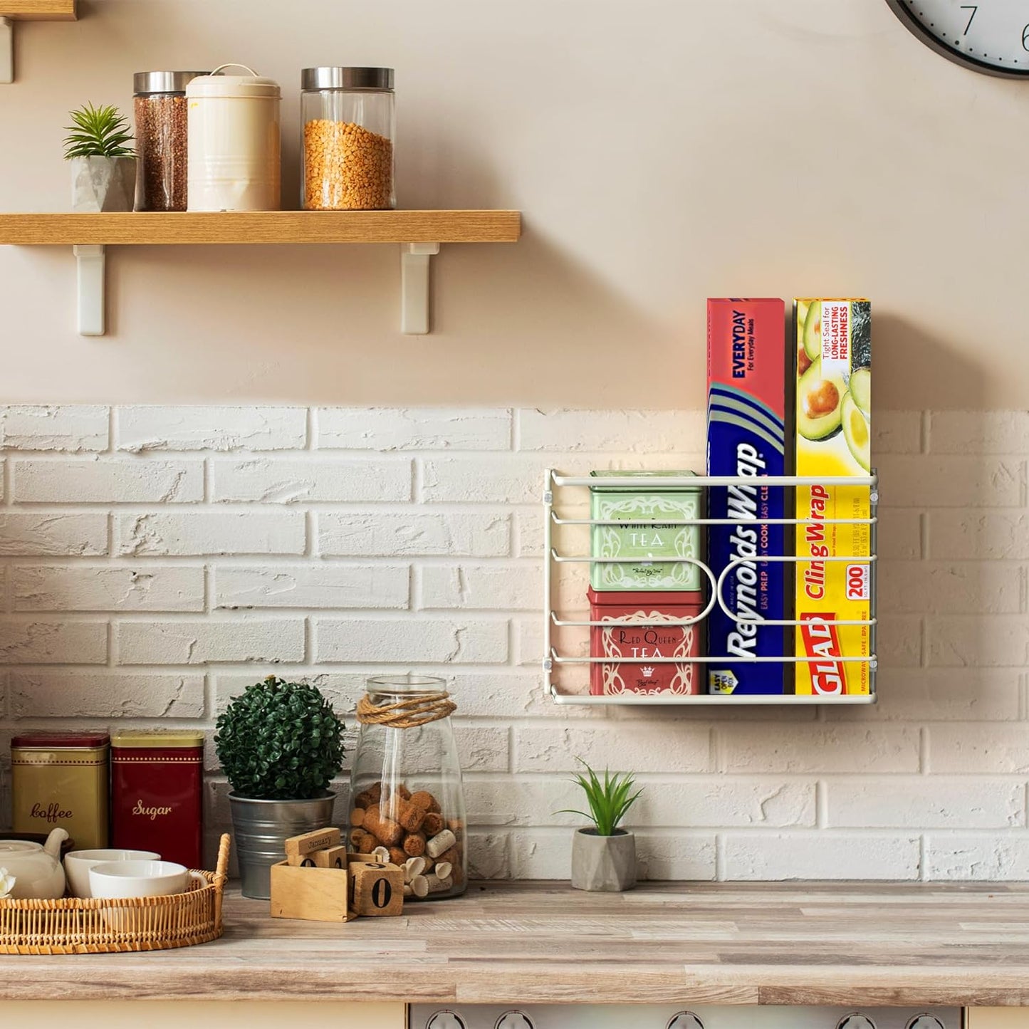 Wall Mount Kitchen Wrap Organizer Rack, White
