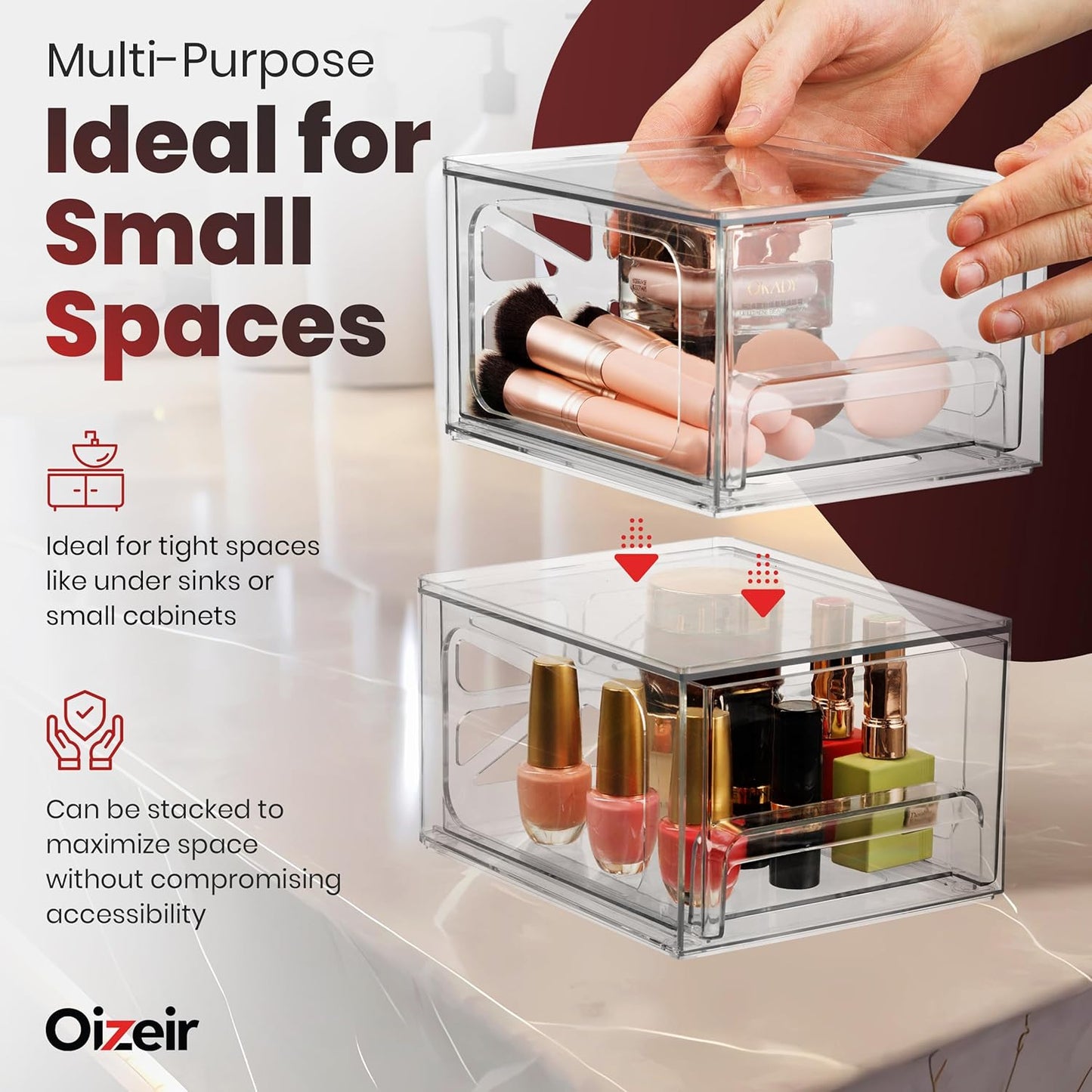 Acrylic Drawer Organizer 2-Pack – Clear Stackable Storage Drawers for Makeup, Skincare, Vanity