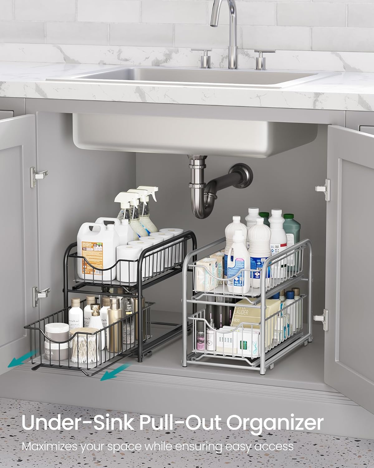 2-Tier Pull Out Cabinet Organizers, Under Sink Organizer, Bathroom Organizer and Storage