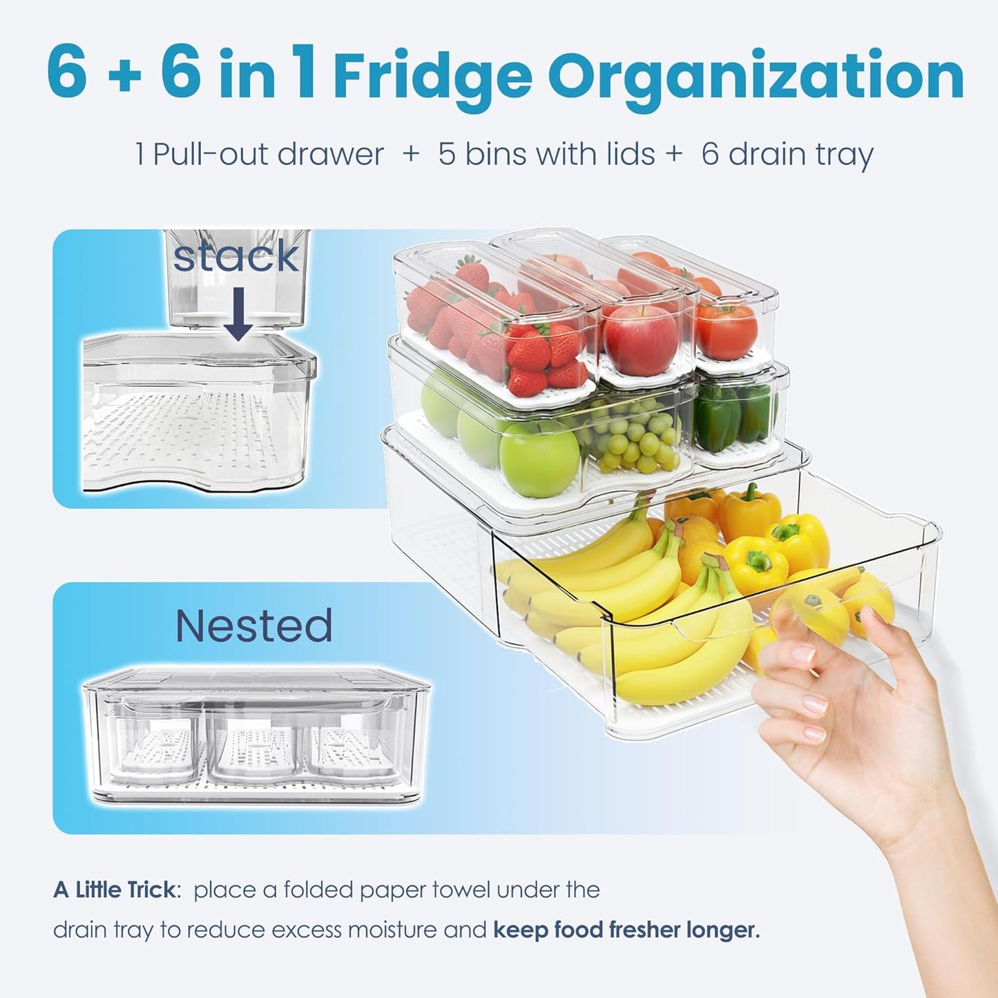 6 Pack Refrigerator Organizers, Clear Pull-out Drawer Container and Organizer Bins with Lids