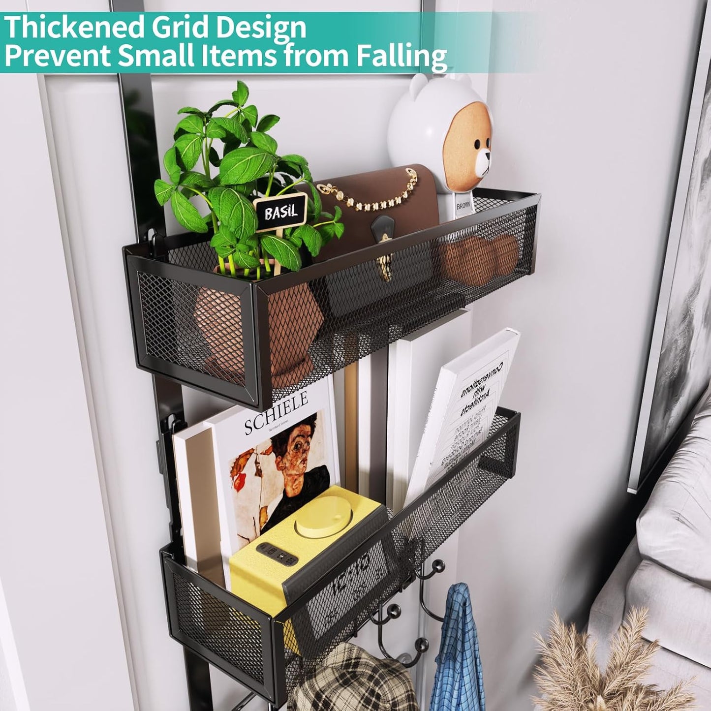 Over The Door Hanger with Coat Hooks and 2 Baskets, Rustproof & Waterproof Over The Door Hooks