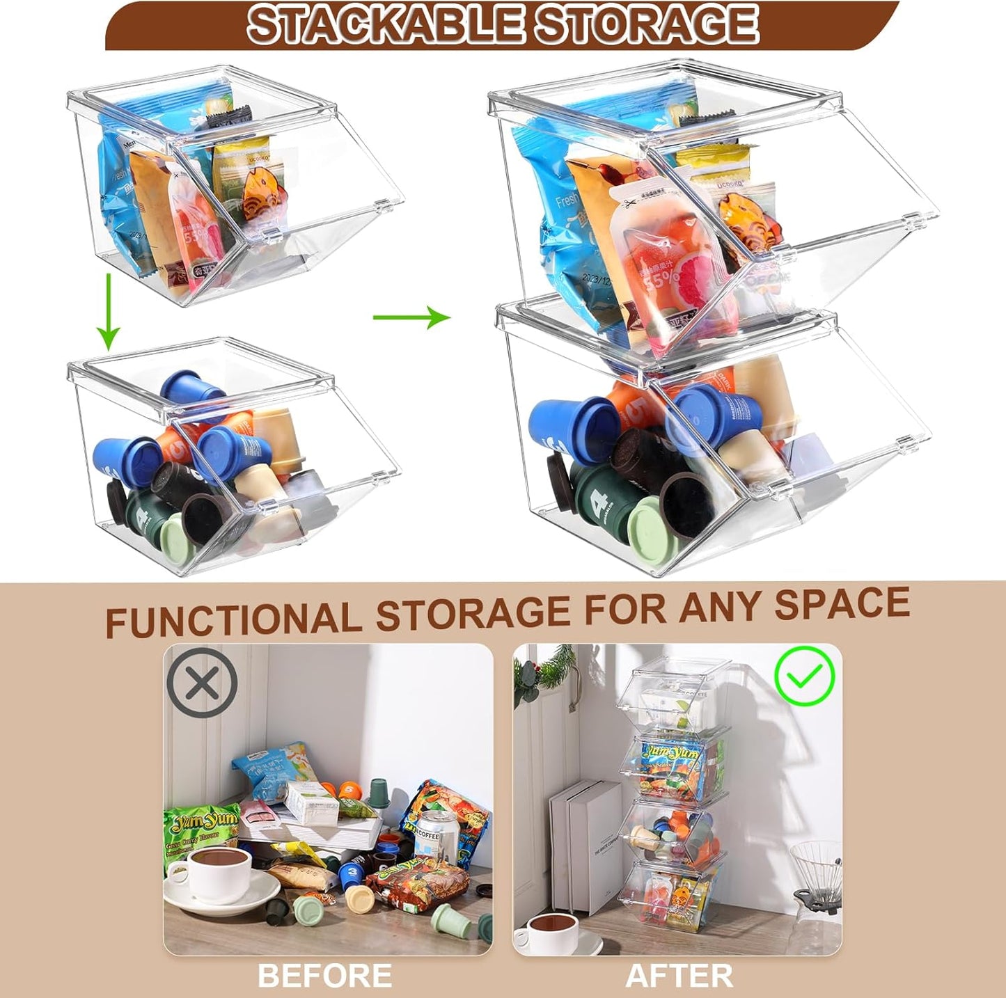 6 Pcs Clear Plastic Storage Bins with Lids Large Stackable Pantry Storage Organizer Bins Kitchen Organization Cabinet Organizers Ideal Containers for Fridge, Kitchen, Cabinets (Clear)