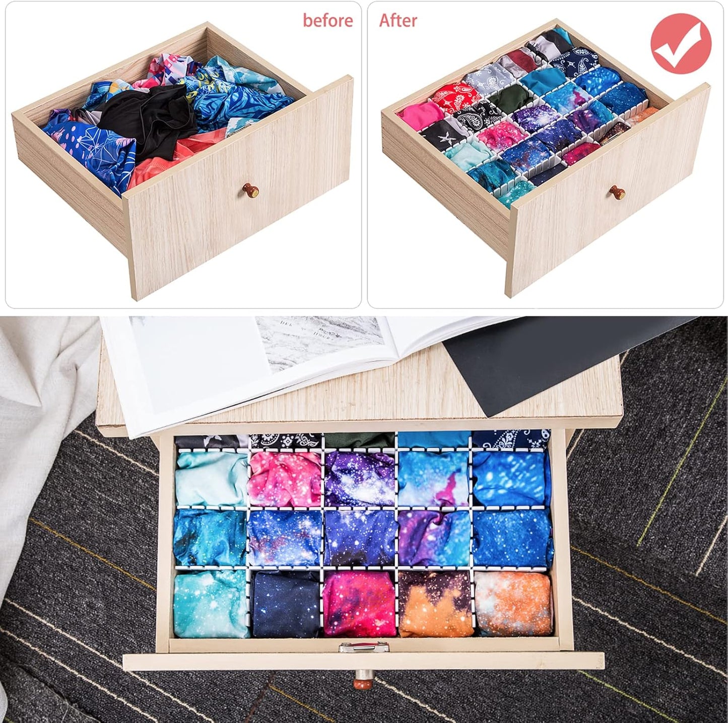 45 Pack Drawer Dividers, Plastic Adjustable Drawer Storage Organizer for Tidying Clutter Socks