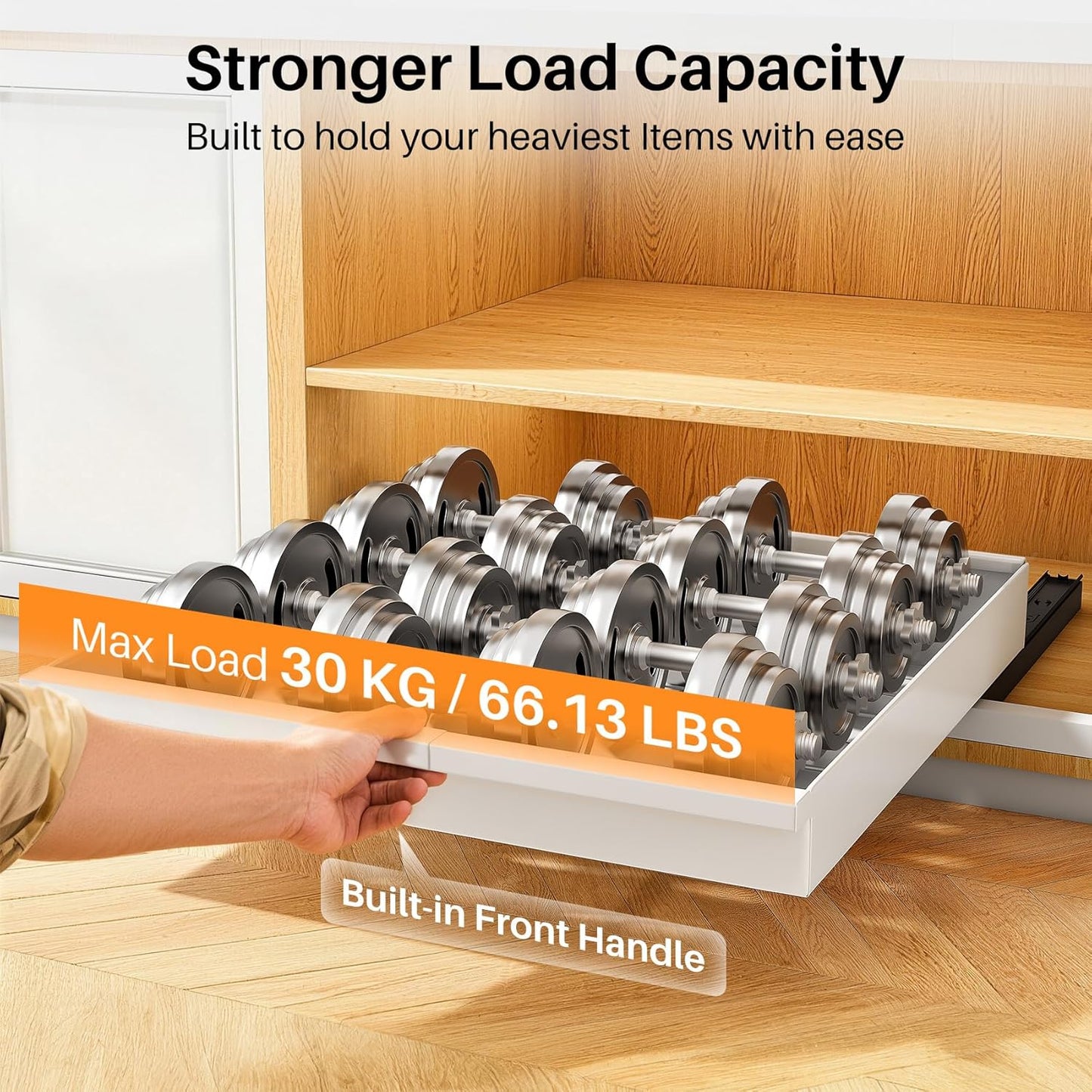 Pull out Cabinet Organizer, 2-Pack Expandable(13.6"-24") Silde out Drawers with Raising Pad for Framed Cabinets, Adjustable Full-Extension Adhesive Roll out Shelves for Kitchen Pantry Home Pot and Pan