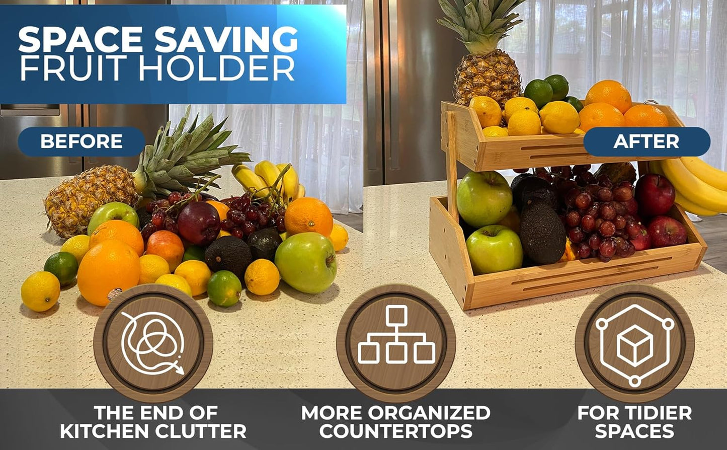 2 Tier Bamboo Fruit Basket for Kitchen Counter with Banana Hanger Hooks