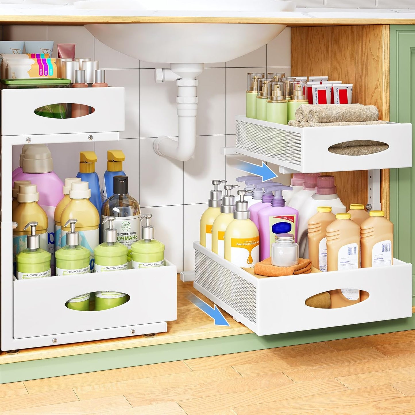 Under Sink Organizer, 2-Pack Pull Out Cabinet Organizer 2 Tier Metal Slide Out Storage Shelf Rack
