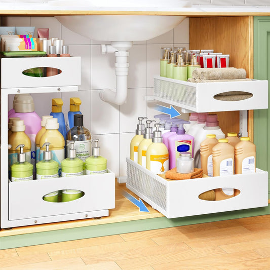 Under Sink Organizer, 2-Pack Pull Out Cabinet Organizer 2 Tier Metal Slide Out Storage Shelf Rack