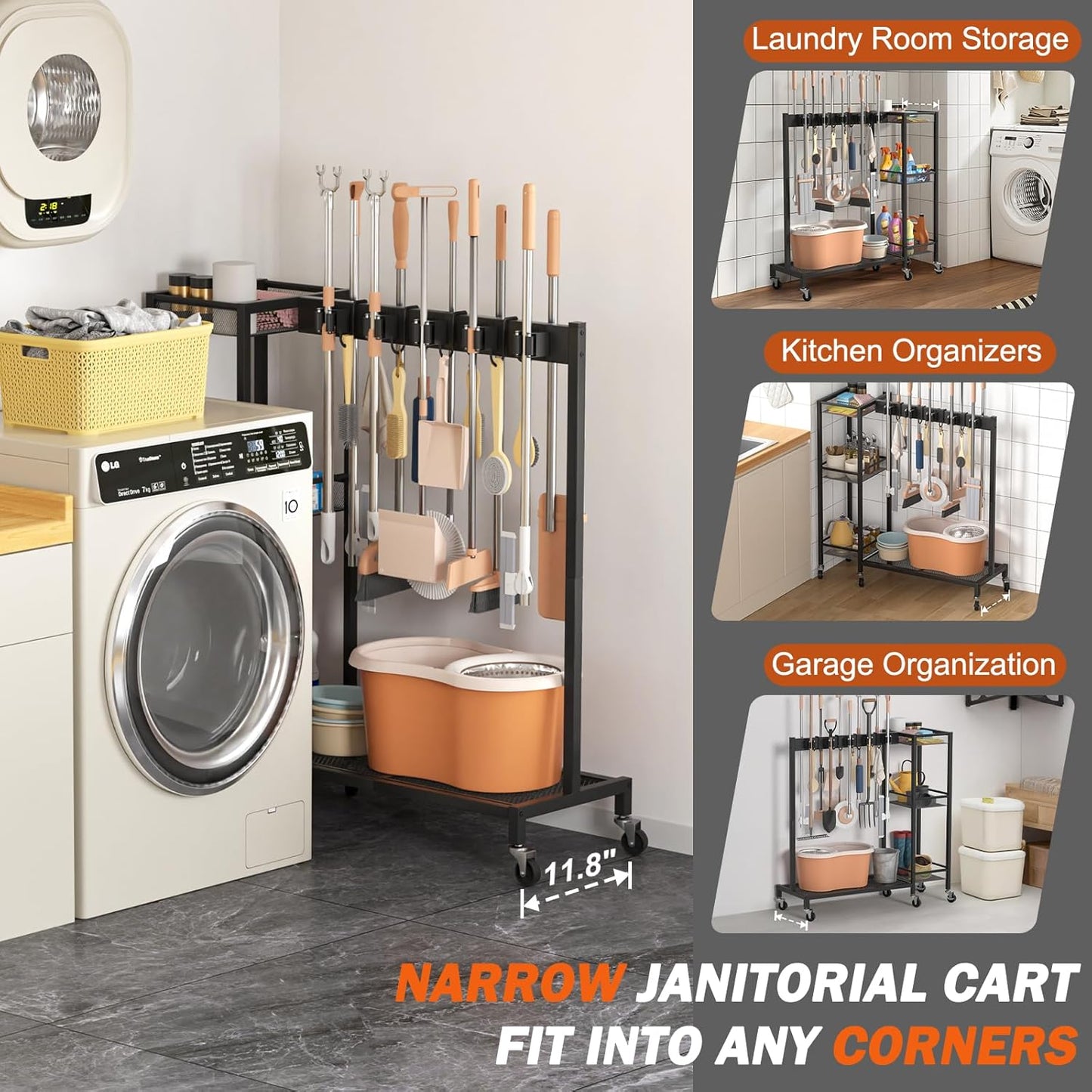 Broom Holder with Cleaning Supplies Organizer, Broom Closet Storage Cabinet with Cleaning Caddy