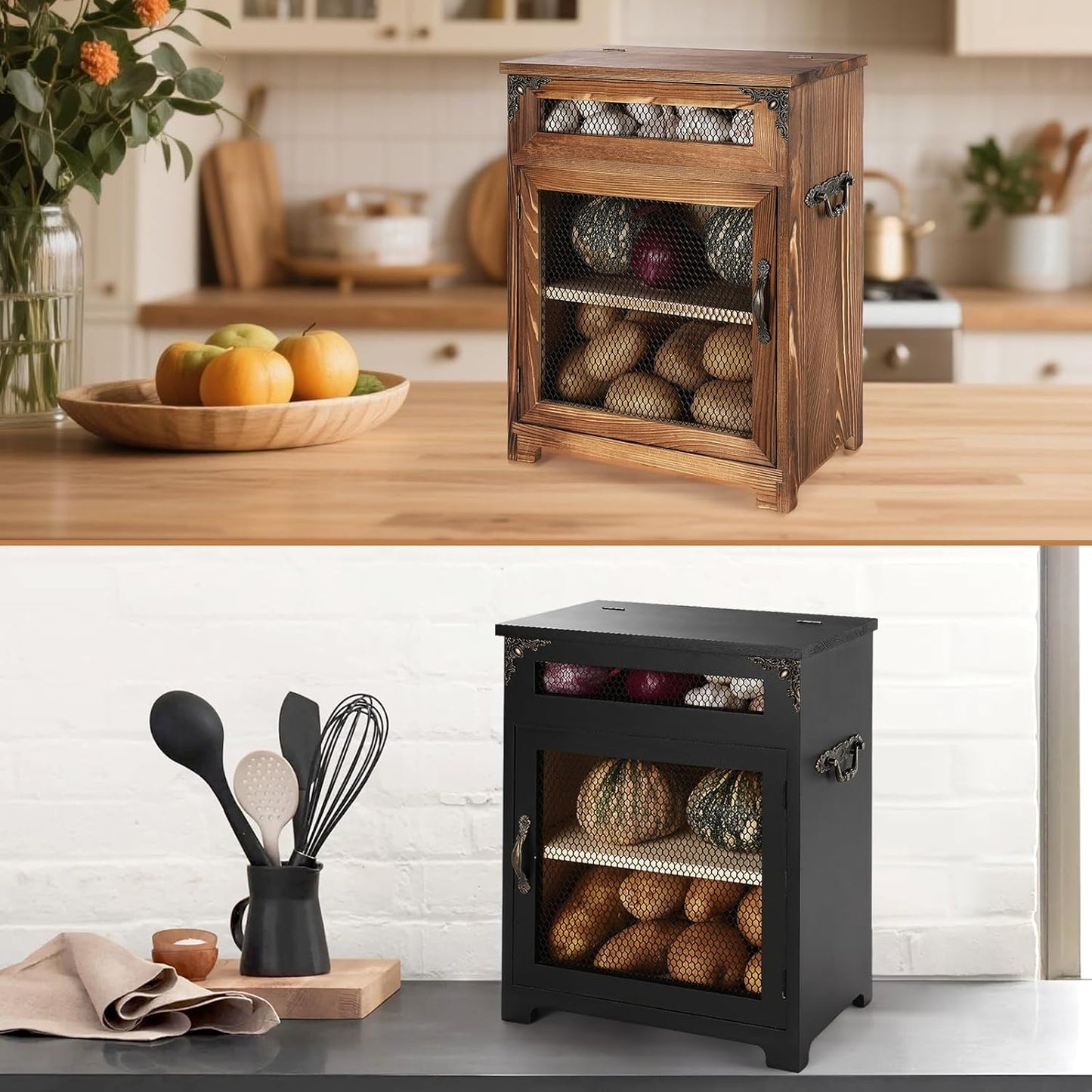 Mini Potato and Onion Storage Bin - Wooden Storage Box for Kitchen Countertops