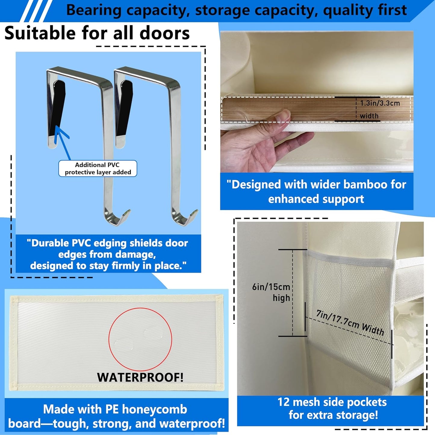 Over the door organizer, Solid Bamboo Board (Not Plastic!) 6-Tier Heavy Duty 75LB, 12 Side Pockets