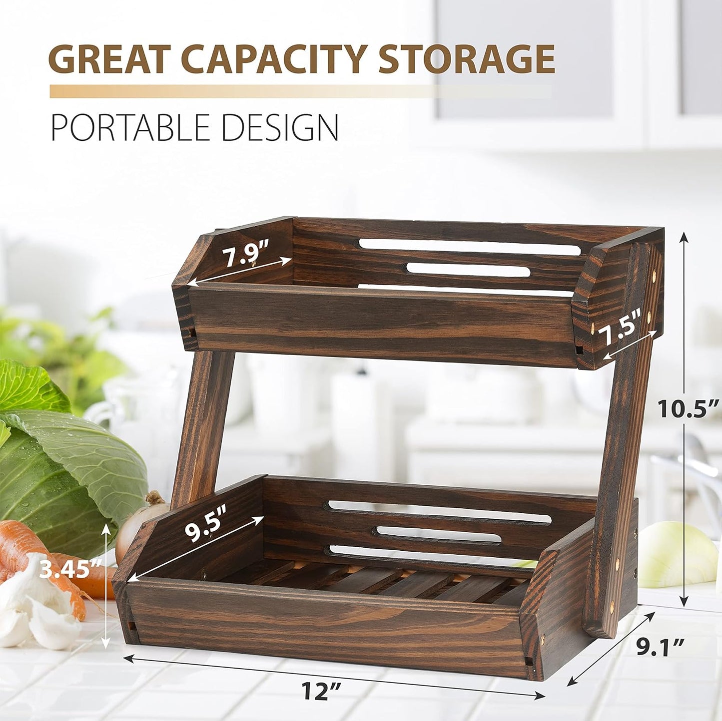Large Capacity 2-Tier Wooden Fruit Basket, Durable Acacia Wood, 10.5" Tall, Spacious for Produce