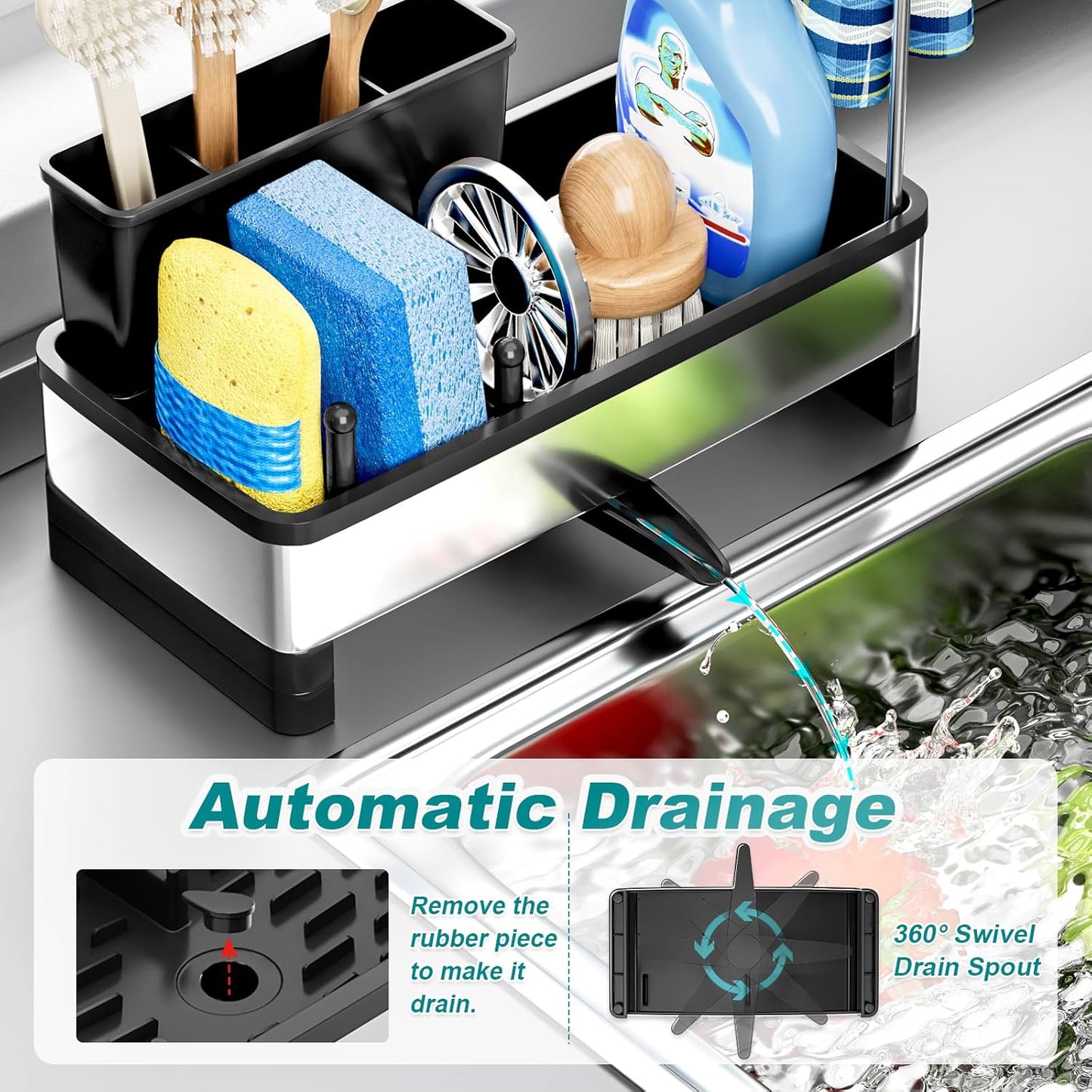 Stainless Steel Sink Caddy, Sponge Holder for Kitchen Sink with Brush Holder Dishcloth Rack