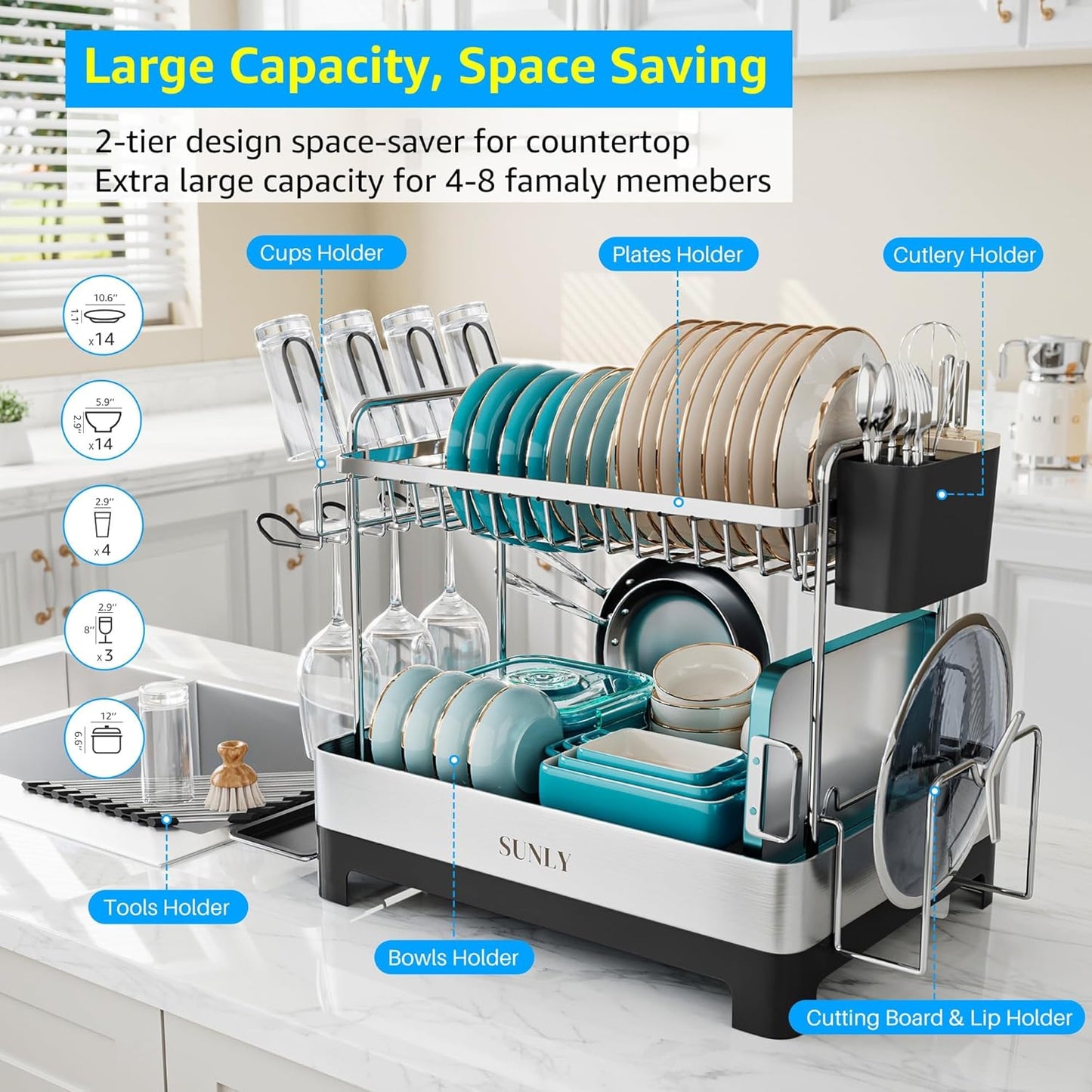 2 Tier Dish Drying Rack, Extra Large Dish Rack