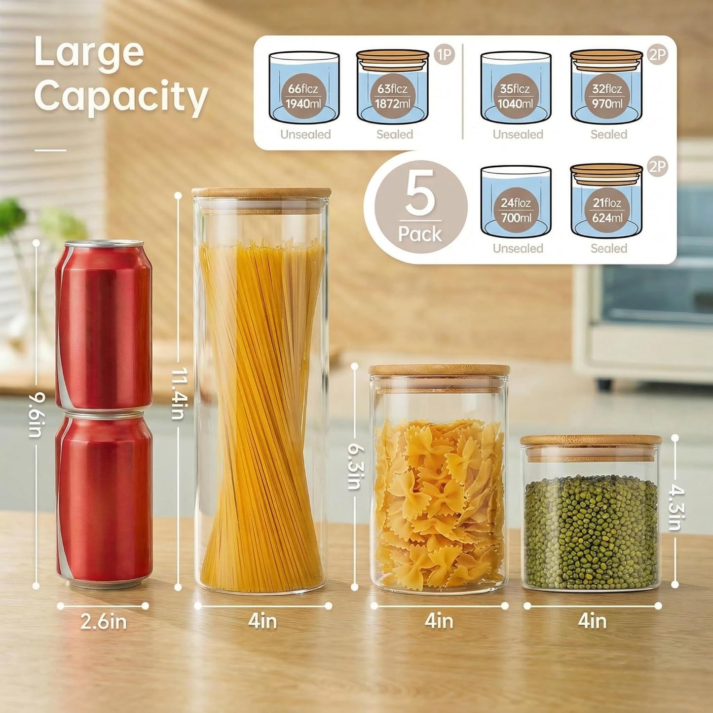 Multi Size - 5 Pack Glass Jars with Bamboo Lids