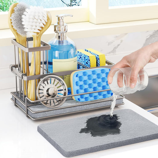 Sink Caddy Sponge Holder - Kitchen Sink Organizer with Instant Drying Stone and Brush Holder