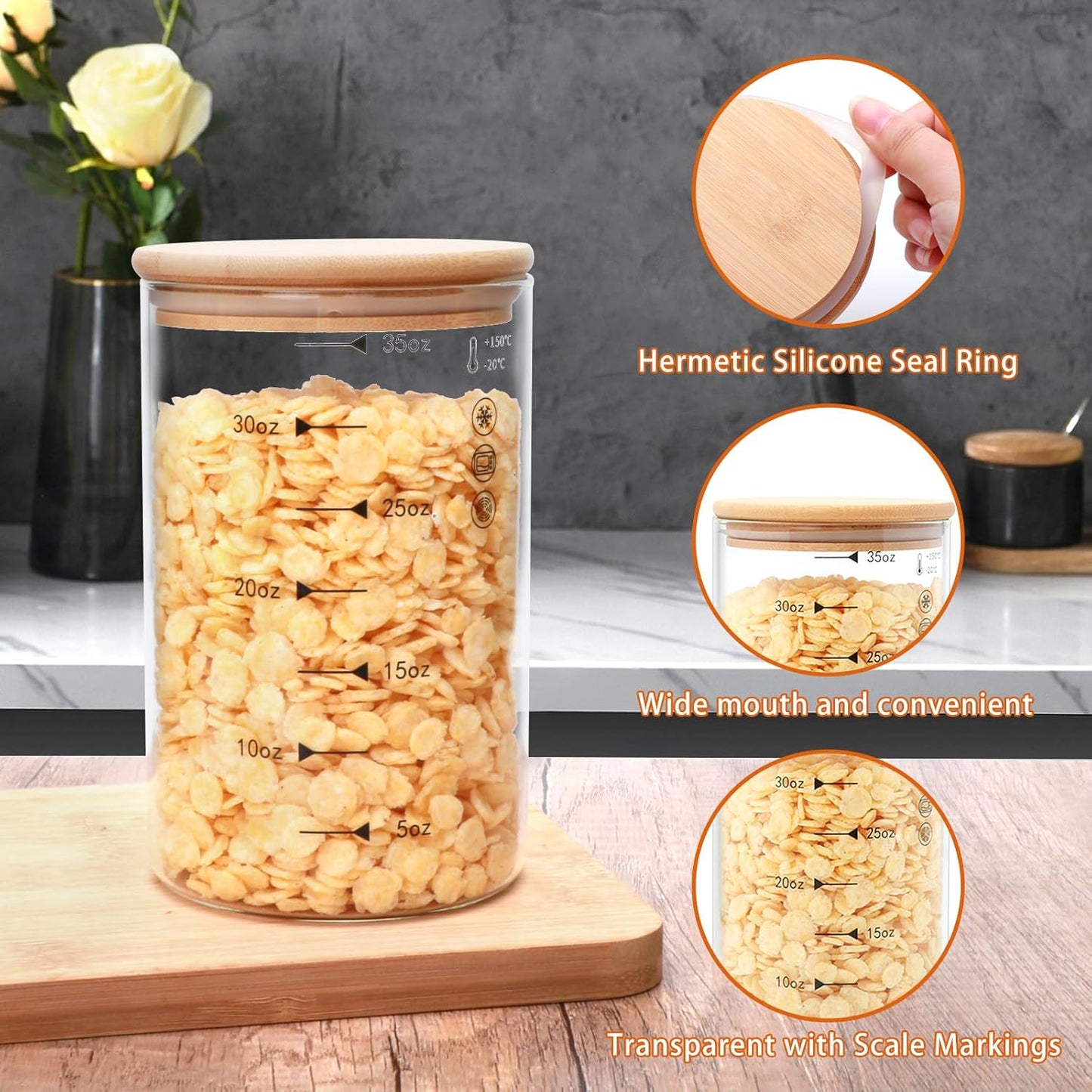 Glass Storage Containers with Lids,Glass Jars with Bamboo Lids, Canisters Set for Pasta, Nuts