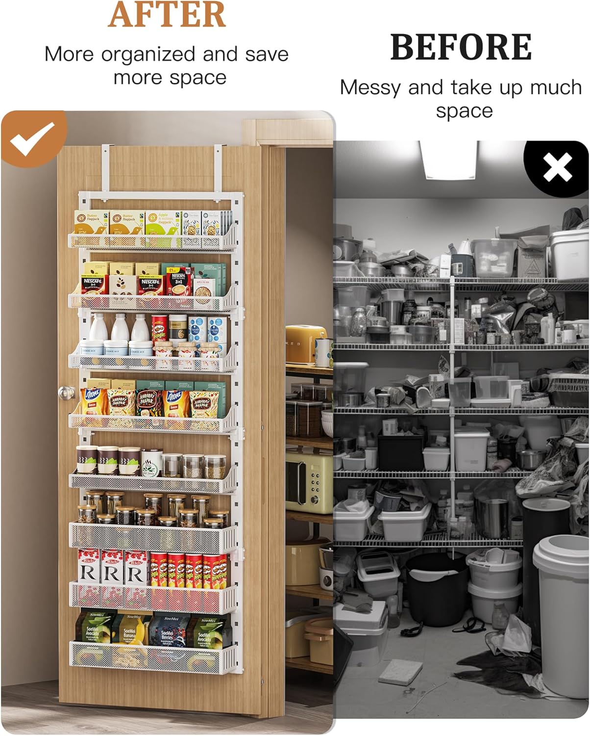 Over the Door Pantry Organizer 8-Tier, Large Metal Door Spice Rack with Adjustable Basket
