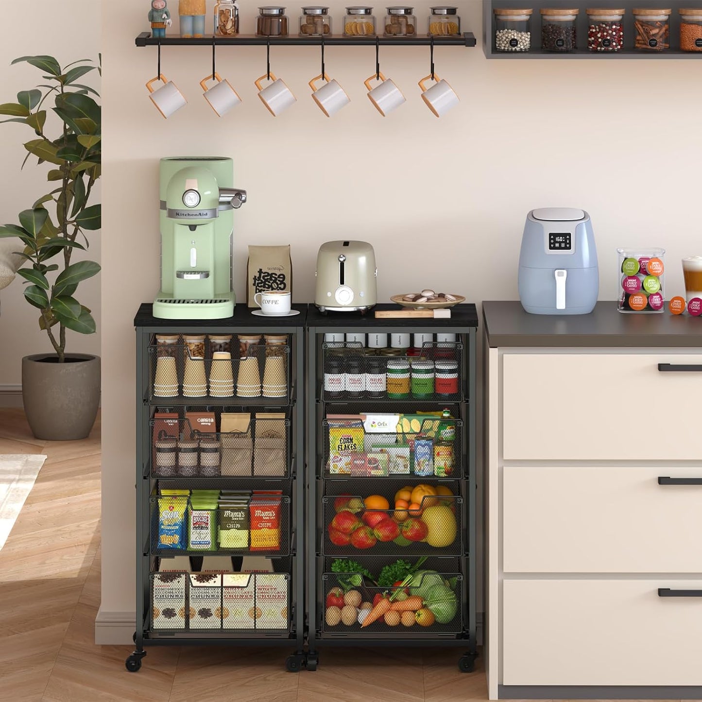 4-Tier Fruit Vegetable Storage Cart - Kitchen Organizer and Storage Cart with Wheels