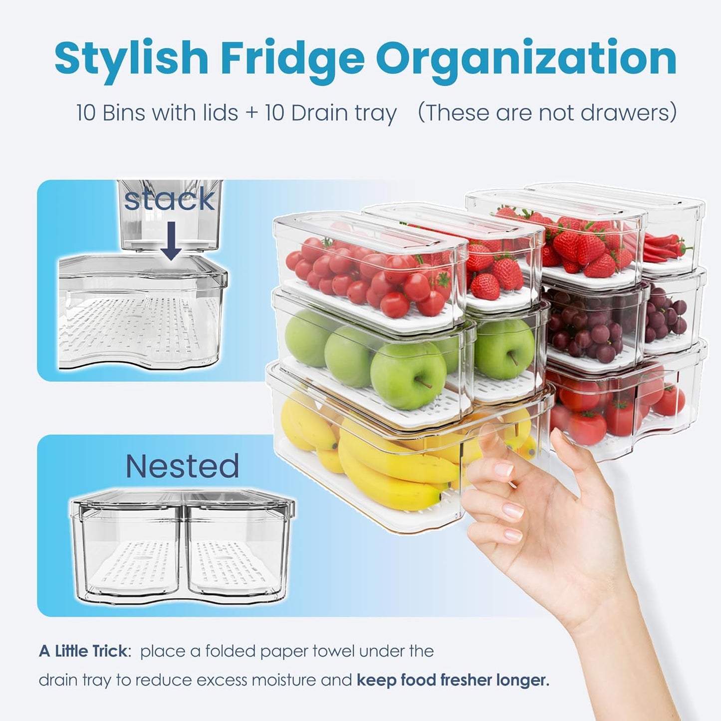 10 Pack Refrigerator Organizers, Clear Container and Organizer Bins with Lids