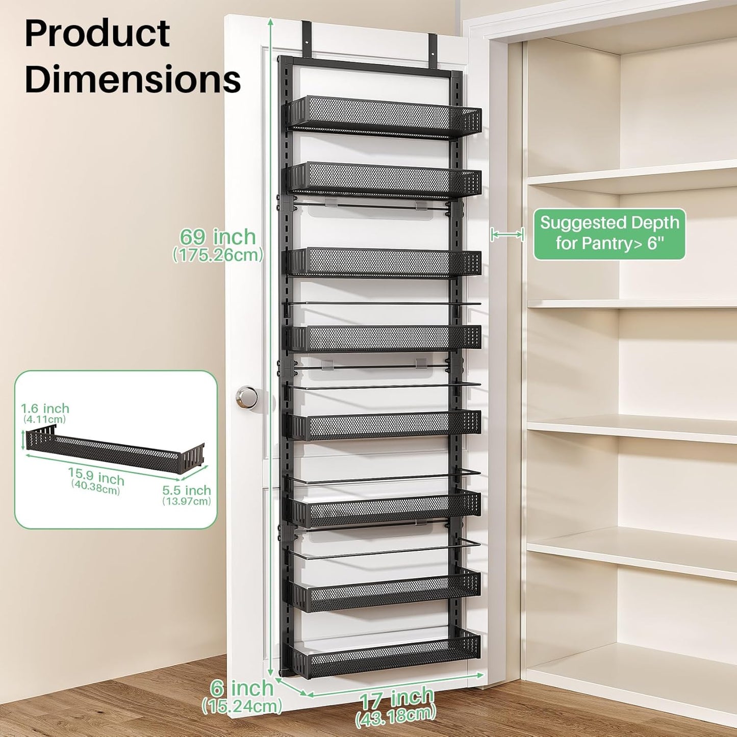 8 Tiers Over the Door Organizer - Height Adjustable Pantry Organizers and Storage with Dense Mesh Baskets, Anti-Swing Hanging Door Spice Rack for Kitchen Bathroom (Black, 17" W x 6" D x 69" H)