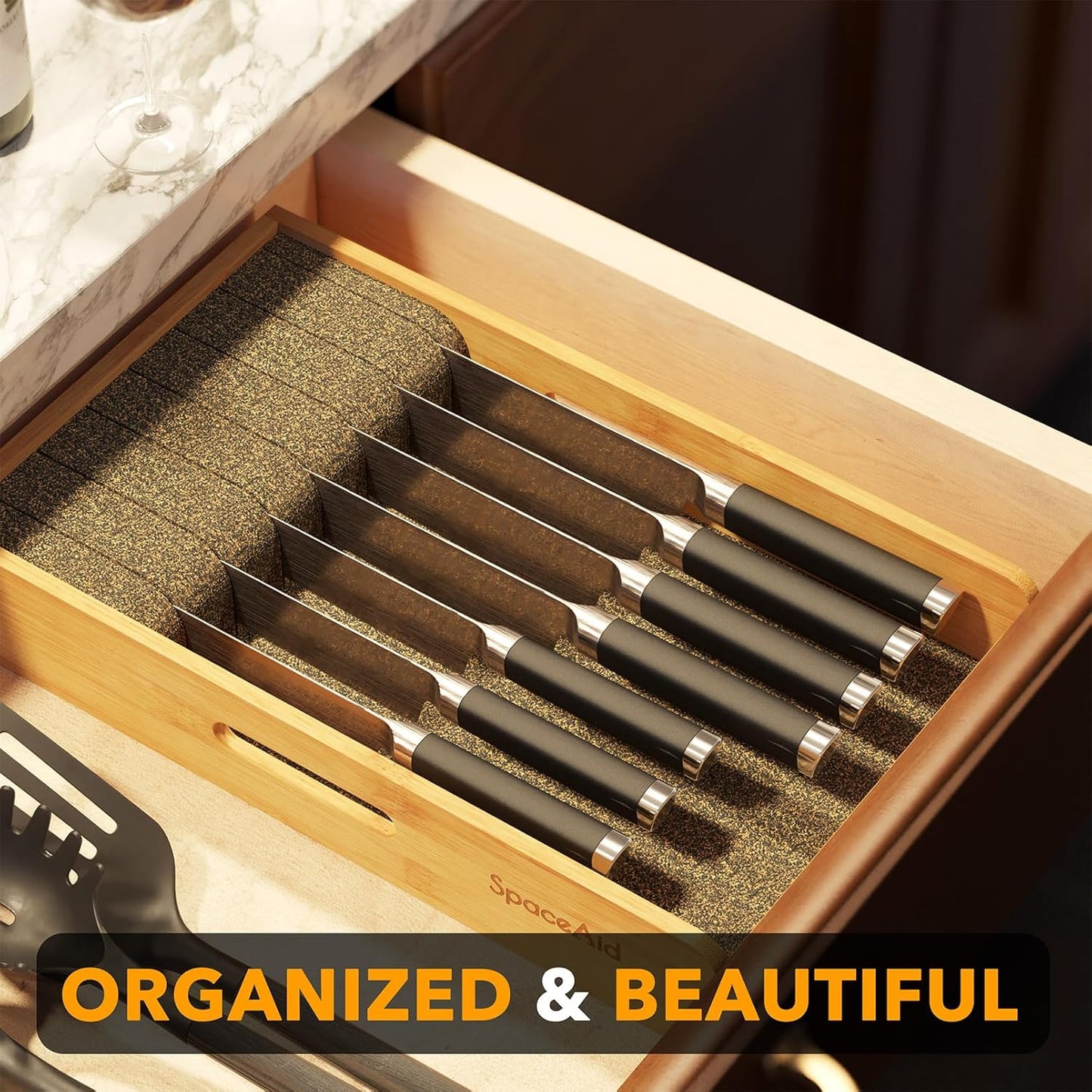 Knife Drawer Organizer 9 inches Wide Bamboo Insert Dock