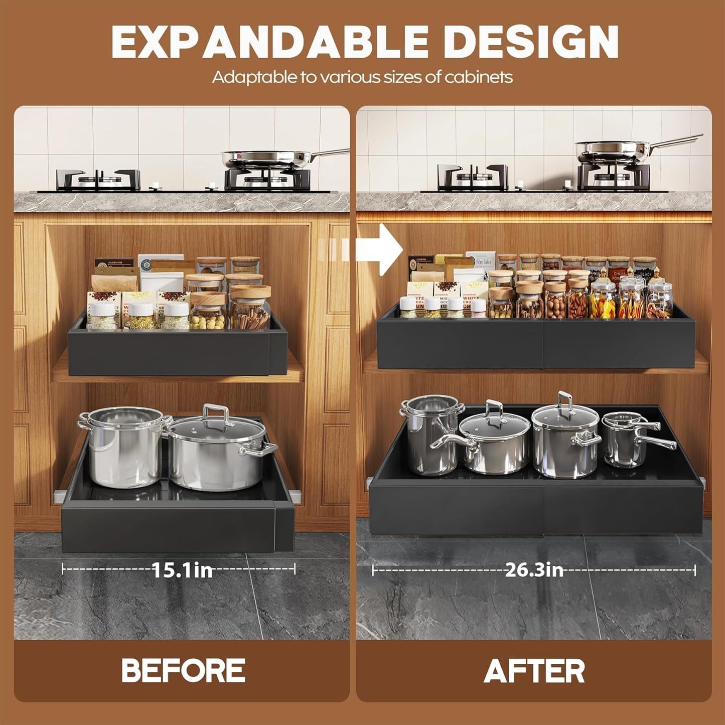 2 Pack Expandable (15.1"-26.3") Pull Out Cabinet Organizer 21" Deep With Raising Pad for Framed Cabinets,Upgrade 3 Slide Rails Slide Out Drawers,No Drill Roll Out Shelves Adhesive,Black