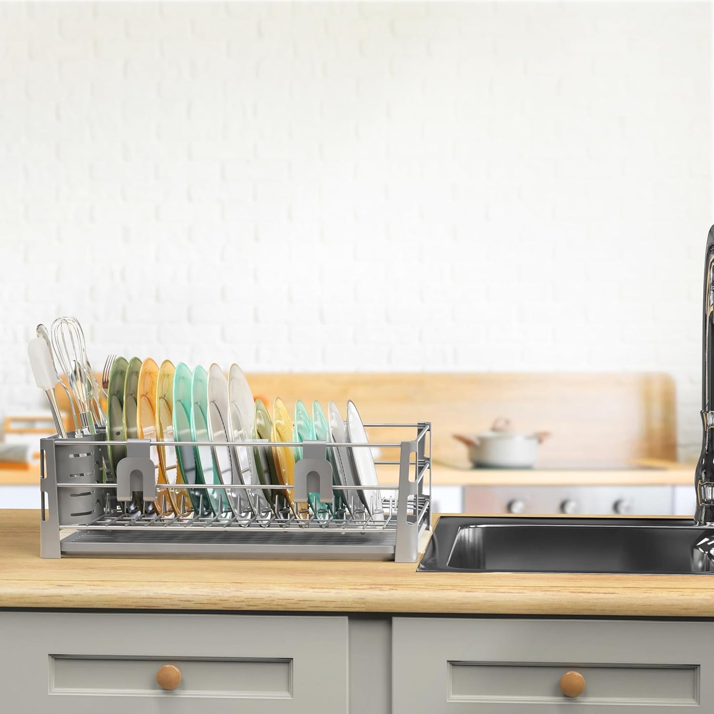 Dish Drying Rack with Drainboard, Utensil Holder & Mug Hooks, Silver Metal Kitchen Counter Organizer