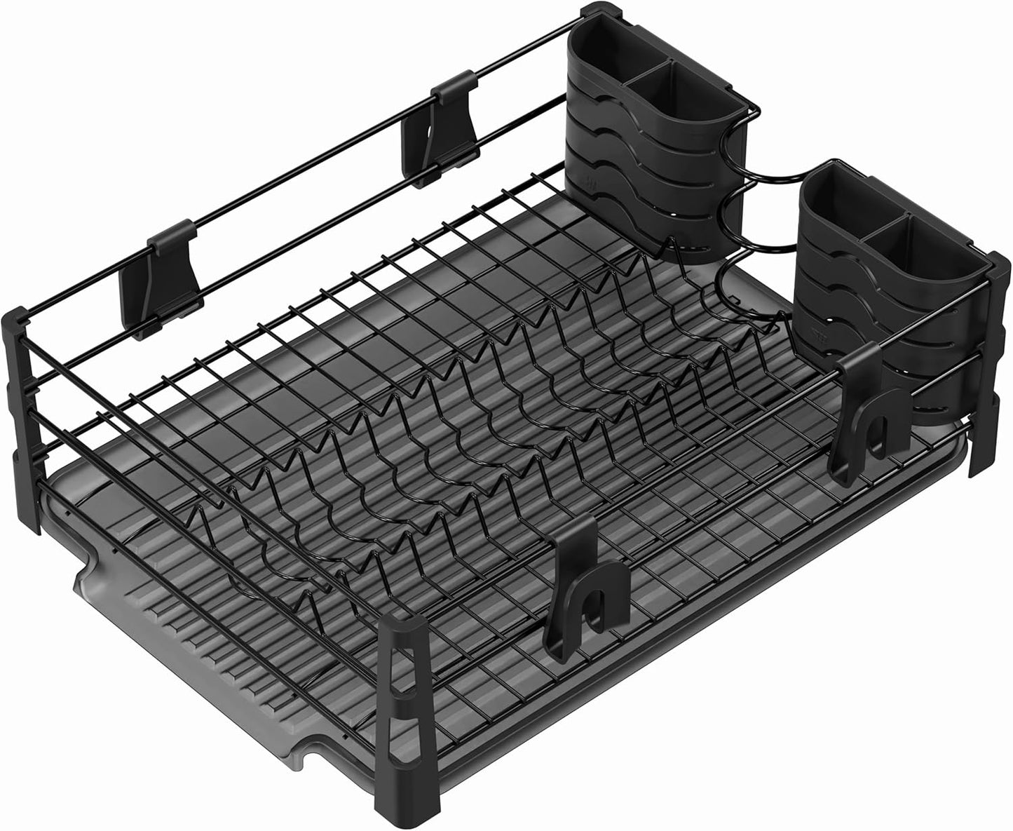 Dish Drying Rack with Drainboard, Utensil Holder & Mug Hooks, Black Metal Kitchen Counter Organizer