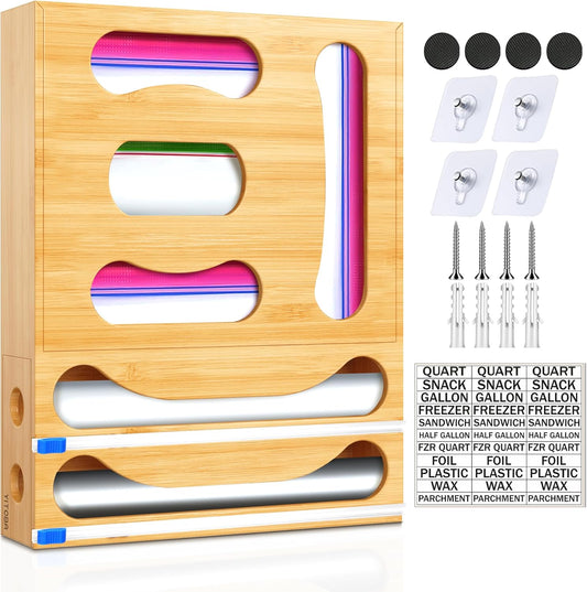 Thicker Bag Storage Organizer, Bamboo Baggie Holder With Aluminum Foil Dispenser