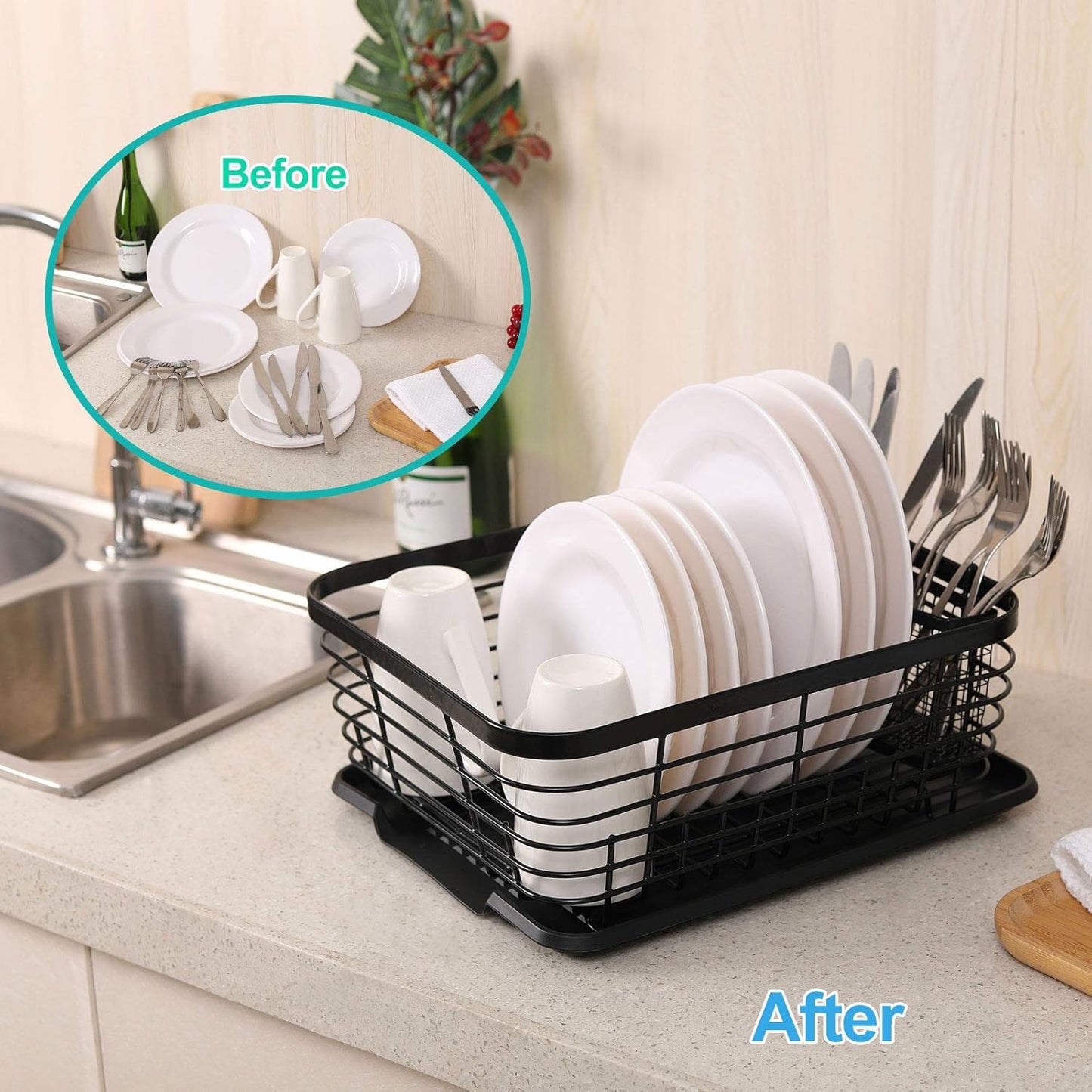 Kitchen Dish Drainer Rack with Drying Board and Full-Mesh Silverware Utensils Holder, Black
