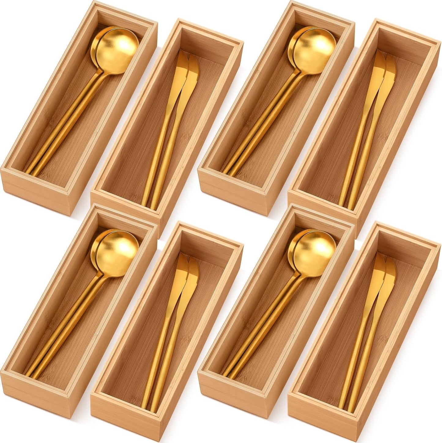 8 Pieces Bamboo Drawer Organizer Kitchen Utensils Wooden Utensil Stackable Wooden Storage Box Bamboo Silverware Tray for Drawer(9 x 3 x 2 Inch,Wood)