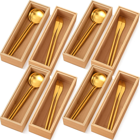 8 Pieces Bamboo Drawer Organizer Kitchen Utensils Wooden Utensil Stackable Wooden Storage Box Bamboo Silverware Tray for Drawer(9 x 3 x 2 Inch,Wood)