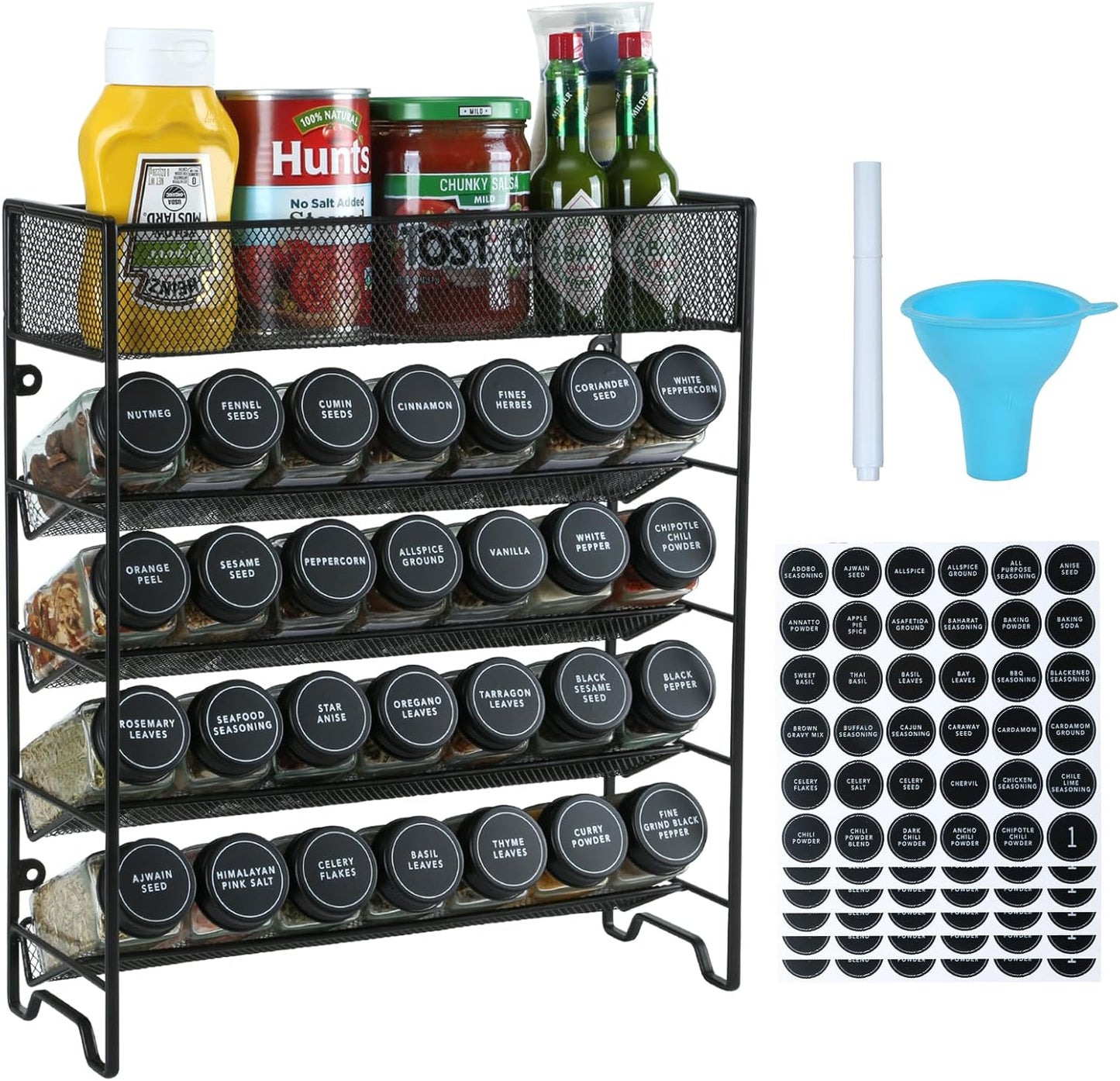 Spice Rack Organizer with 28 Spice Jars, Black Lids，Spice Labels
