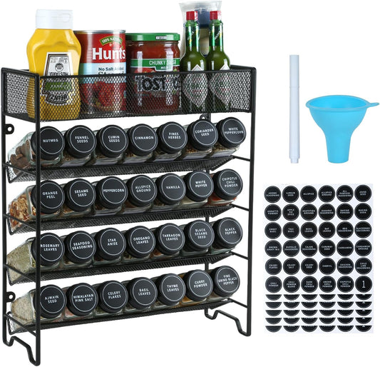 Spice Rack Organizer with 28 Spice Jars, Black Lids，Spice Labels