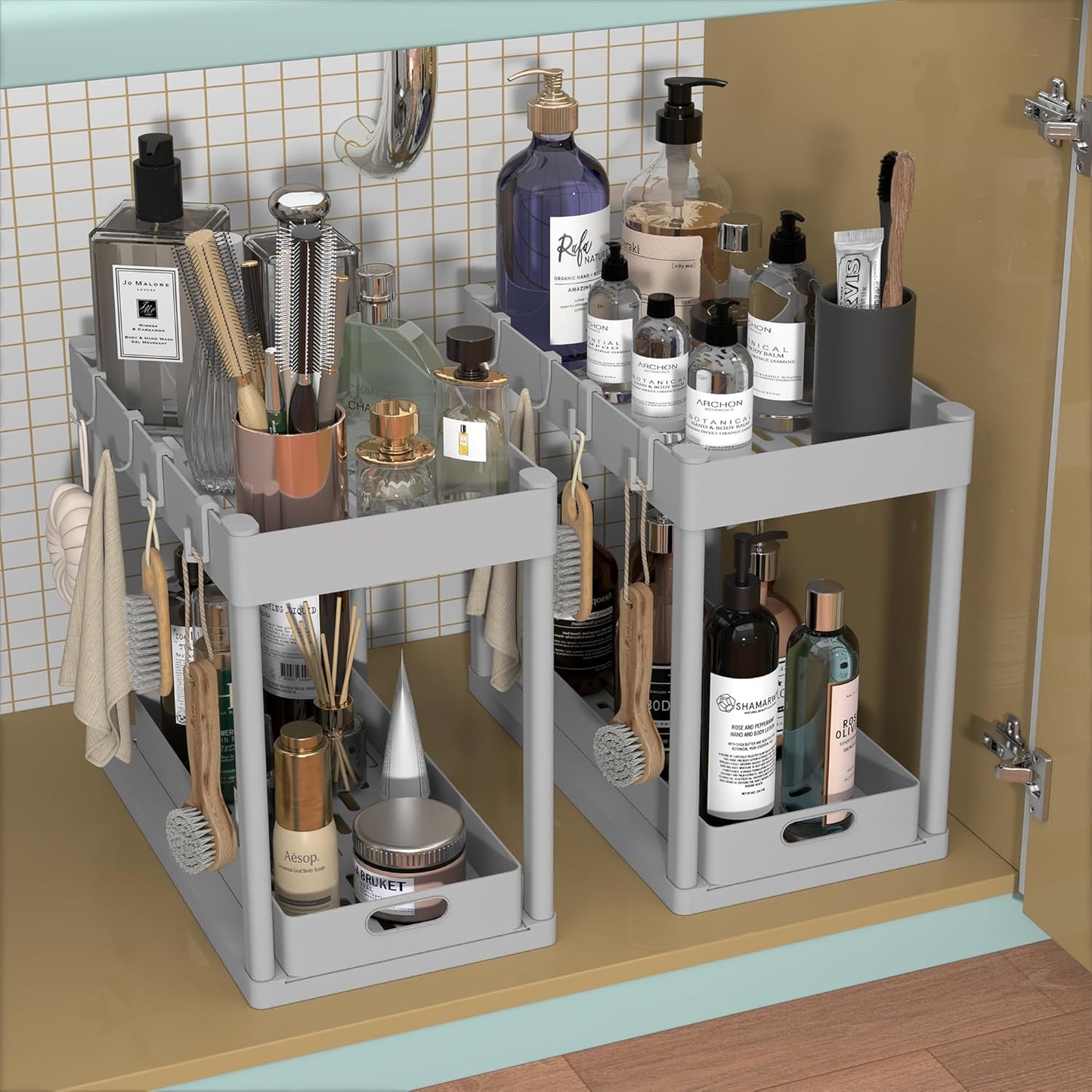 2PC Under Sink Organizer Rack 2 Tier Under Sliding Cabinet Basket Organizer Drawer with 4 Hooks
