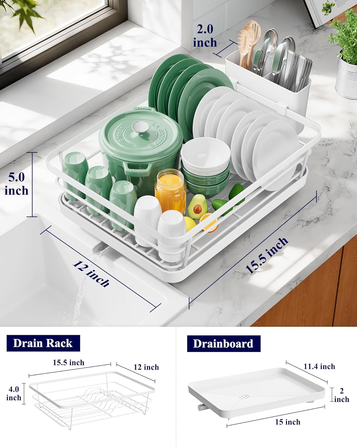 Dish Drying Rack for Kitchen Counter, Stainless Steel Sink Organization and Storage Essentials with Cutlery Holder, Home and Appartment Decor, 12''W x 15.5''L, White
