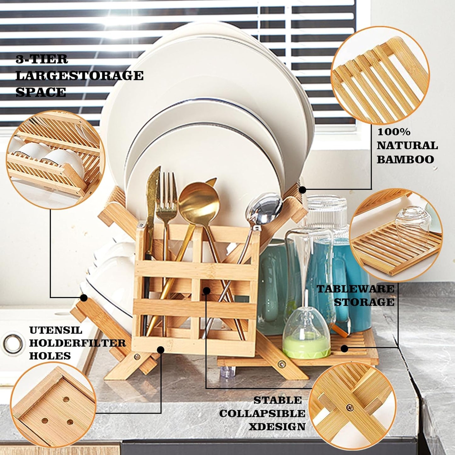 Bamboo Dish Drying Rack for Kitchen - Collapsible 3-Tier Wooden Folding Drainer with Utensil Holder and Dish Strainer Board for Countertop, Sink, and Racks Dryer (Natural)
