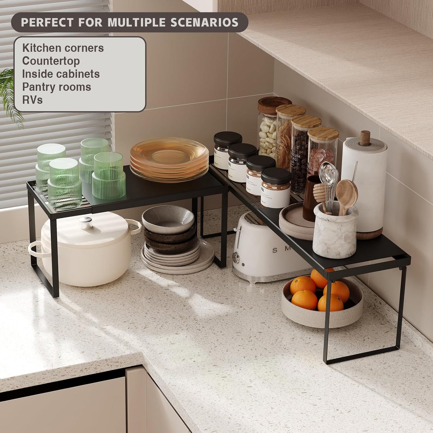 Expandable Cabinet Shelf Organizer, 2 Pack Stackable Kitchen Counter Shelf Riser