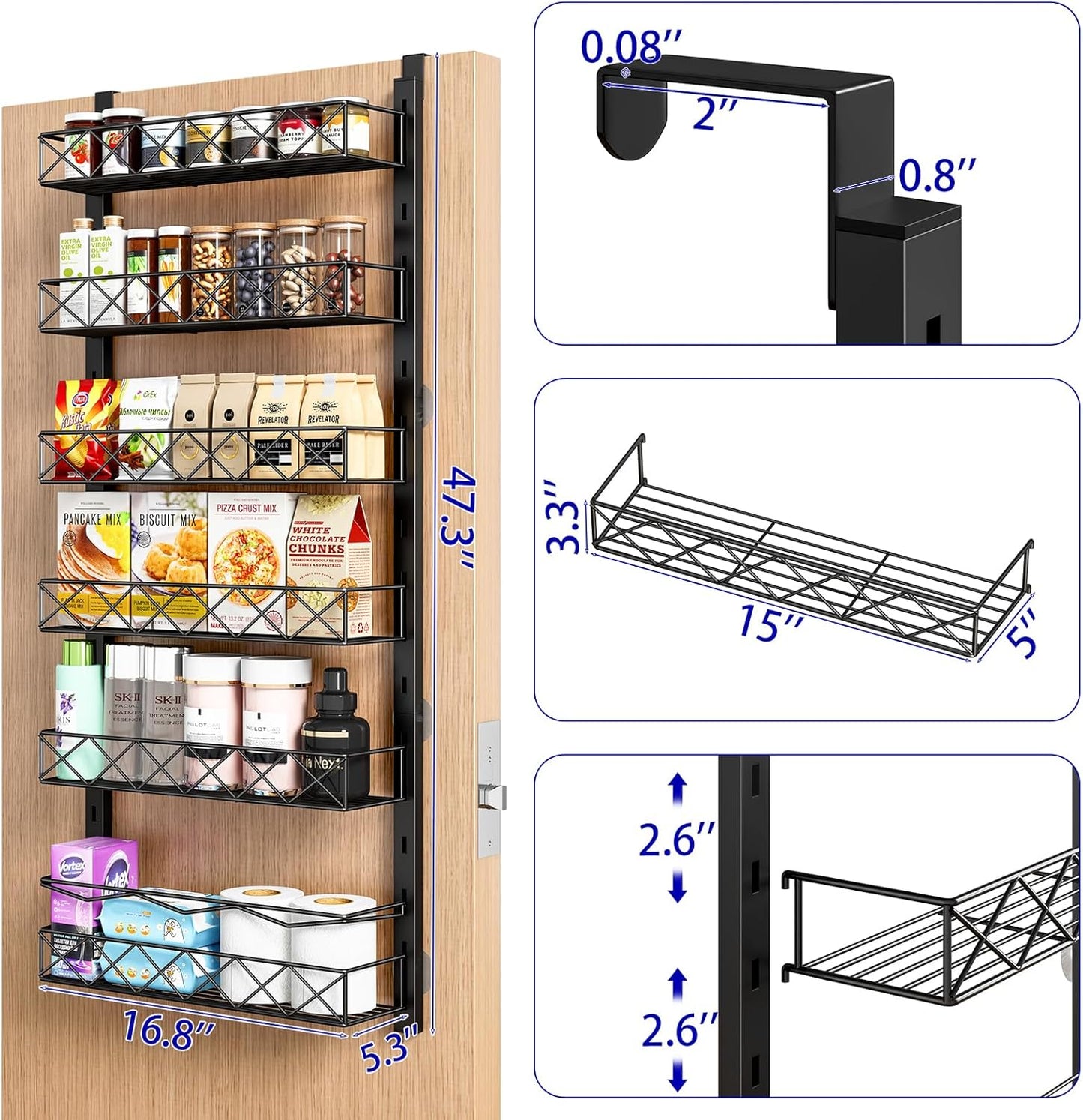 Over the Door Organizer, Black 6-Tier Pantry Door Organizer with Adjustable Basket