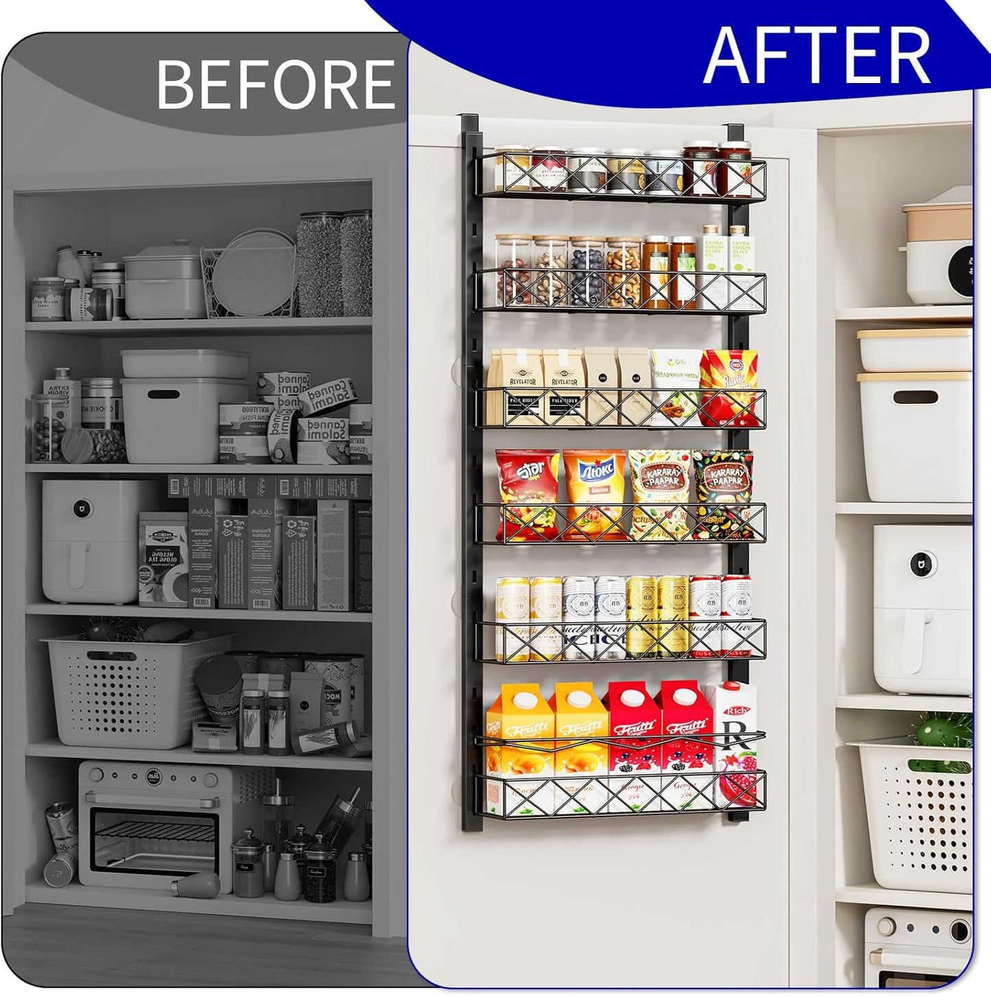Over the Door Organizer, Black 6-Tier Pantry Door Organizer with Adjustable Basket
