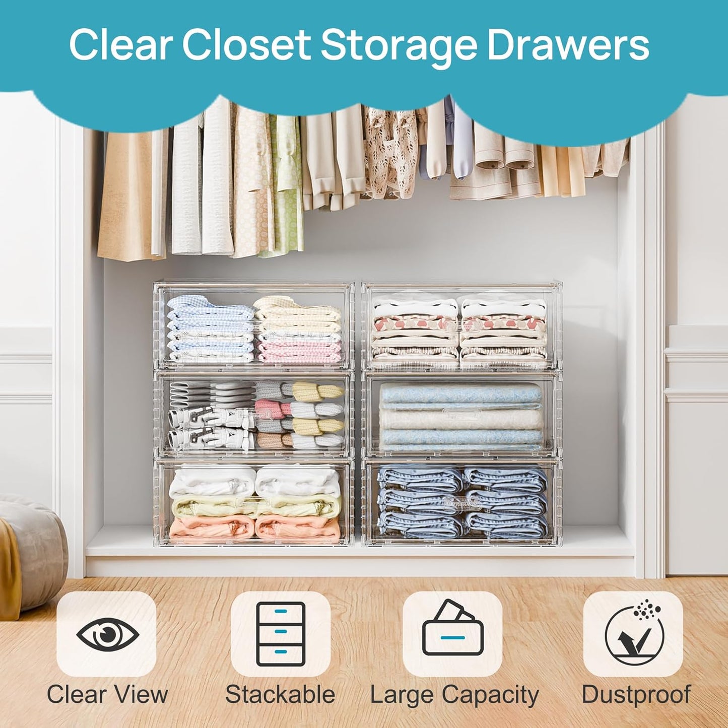 2 Pack Large Clear Stackable Storage Drawers 27QT, Easily Assemble Plastic Closet Storage Bins