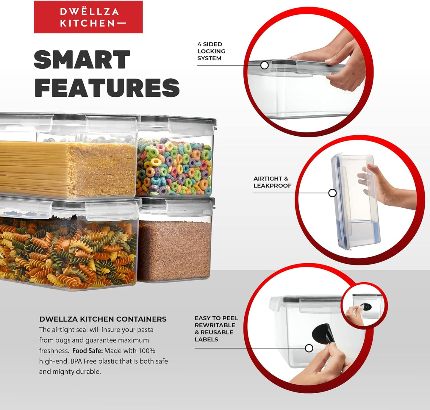 Large Airtight Food Storage Containers with Lids Set of 4 3.2L
