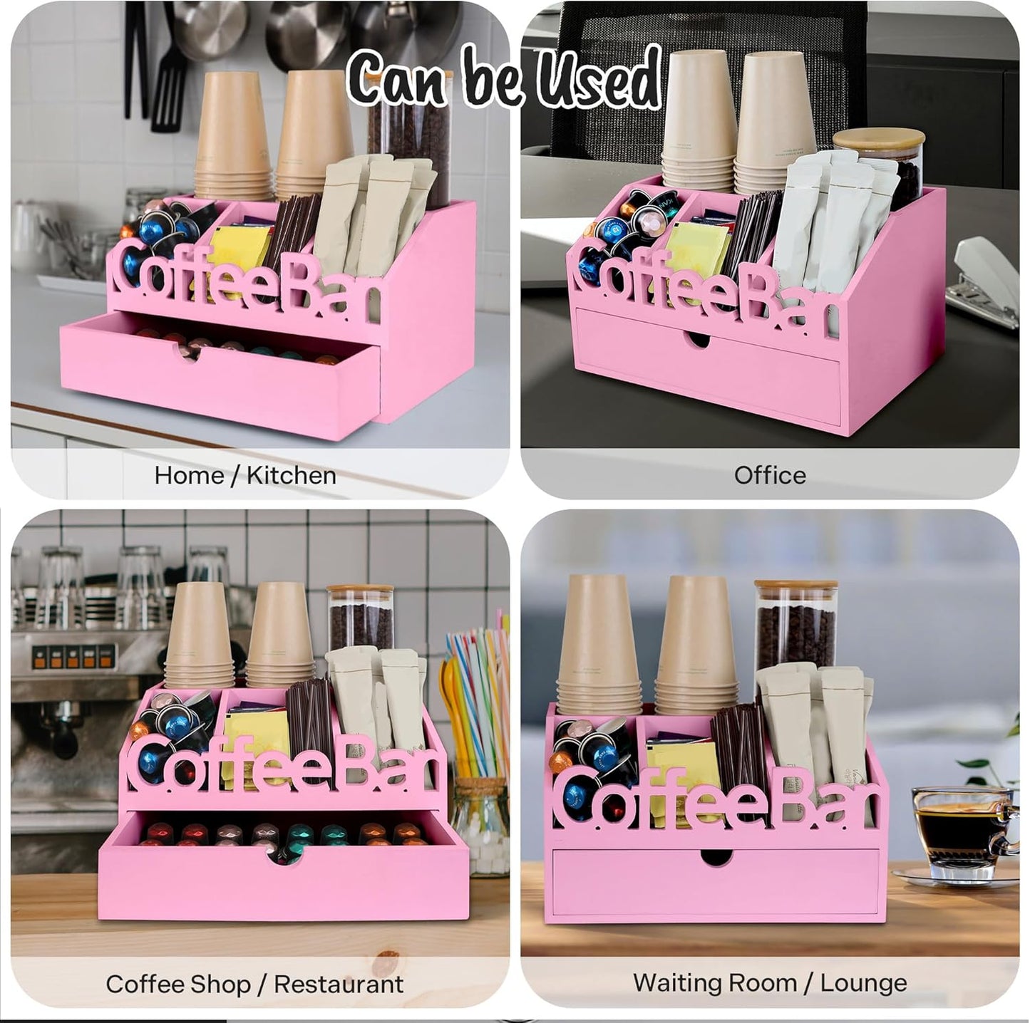 Coffee Bar Organizer for Countertop – Wooden Coffee Station, Tea and K Cup, Condiment Storage Rack, Coffee Pod Holder for Home and Office Counter Organization (Drawer - Pink)