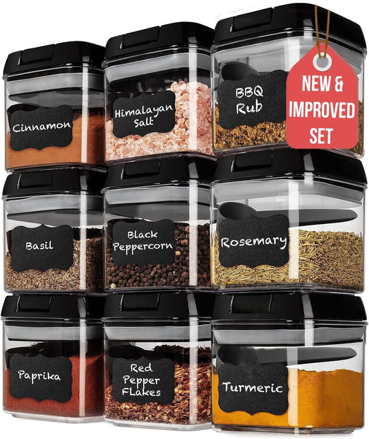 9 PC Airtight Food Storage Containers - BPA Free Clear Plastic Snack & Spice Containers with Easy Lock Lids - Kitchen and Pantry Organization for Herbs, Coffee, Tea - 0.5L / 2.1 Cups