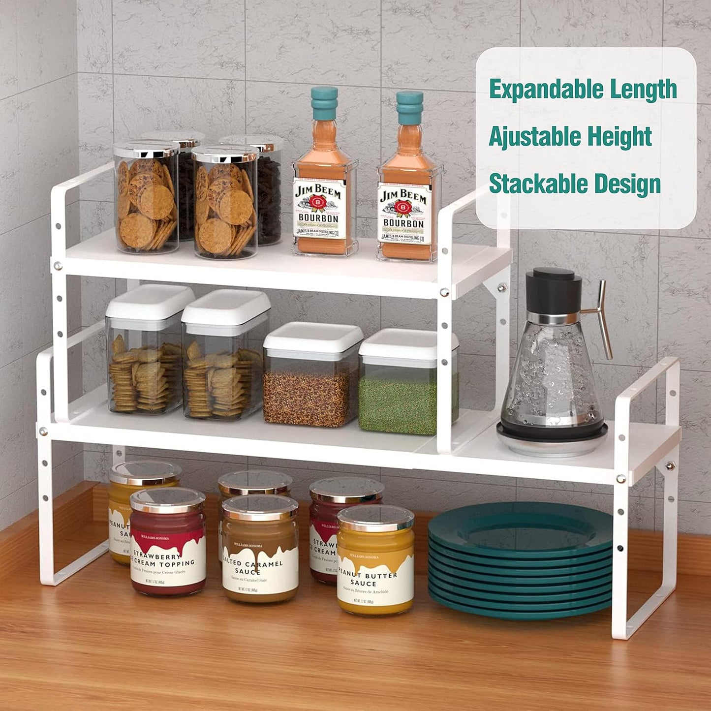 Expandable Cabinet Shelf Organizer Rack, Stackable Kitchen Counter Storage Shelves Stand