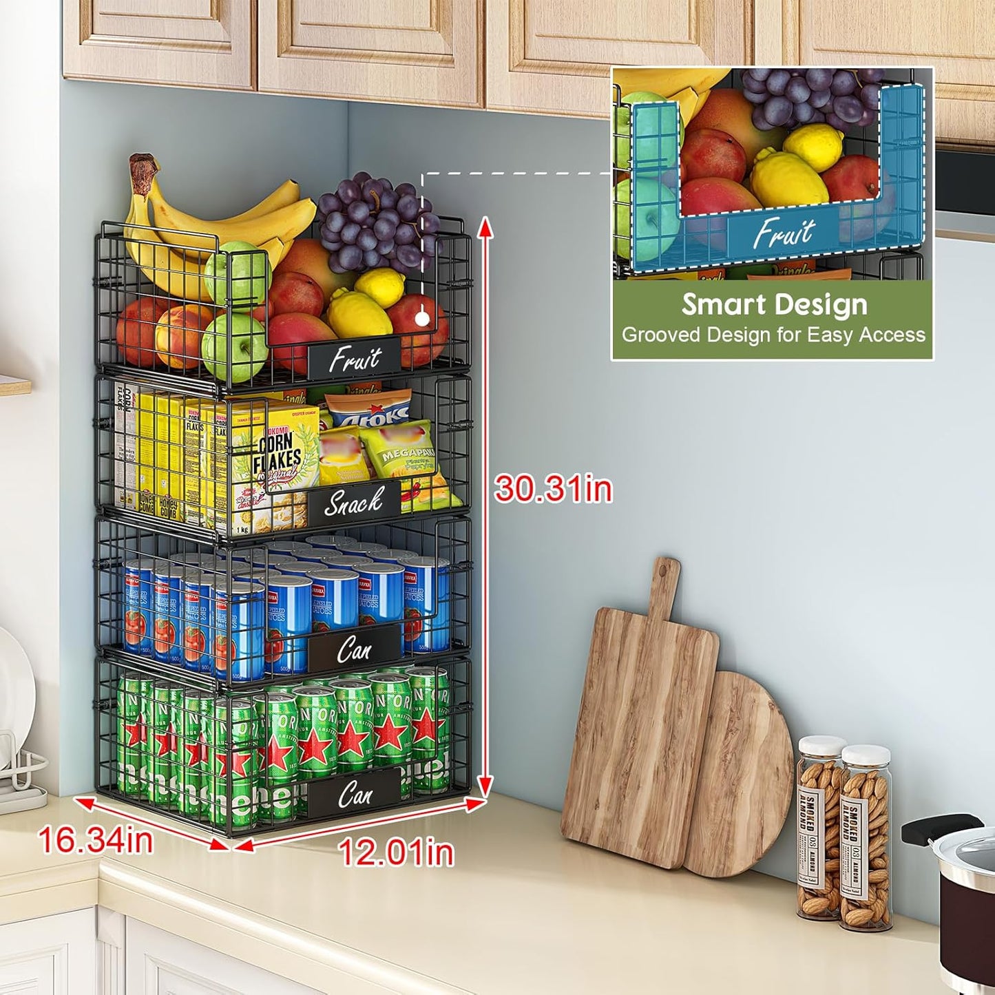 4 Pack XXL Stackable Wire Baskets with Handles for Pantry Storage and Organization,Fruit and Vegetable Basket with Name Plates,Metal Storage Bins for Snack Can Fruit Veggies