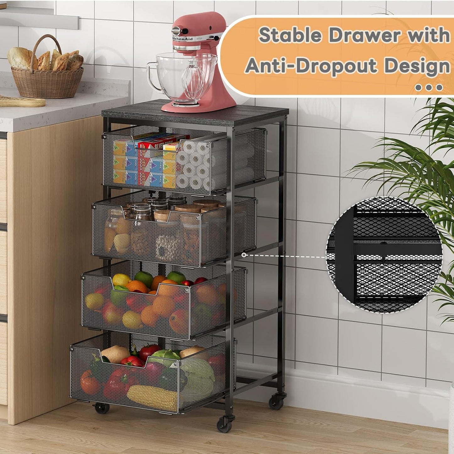 4-Tier Fruit Vegetable Storage Cart - Kitchen Organizer and Storage Cart with Wheels