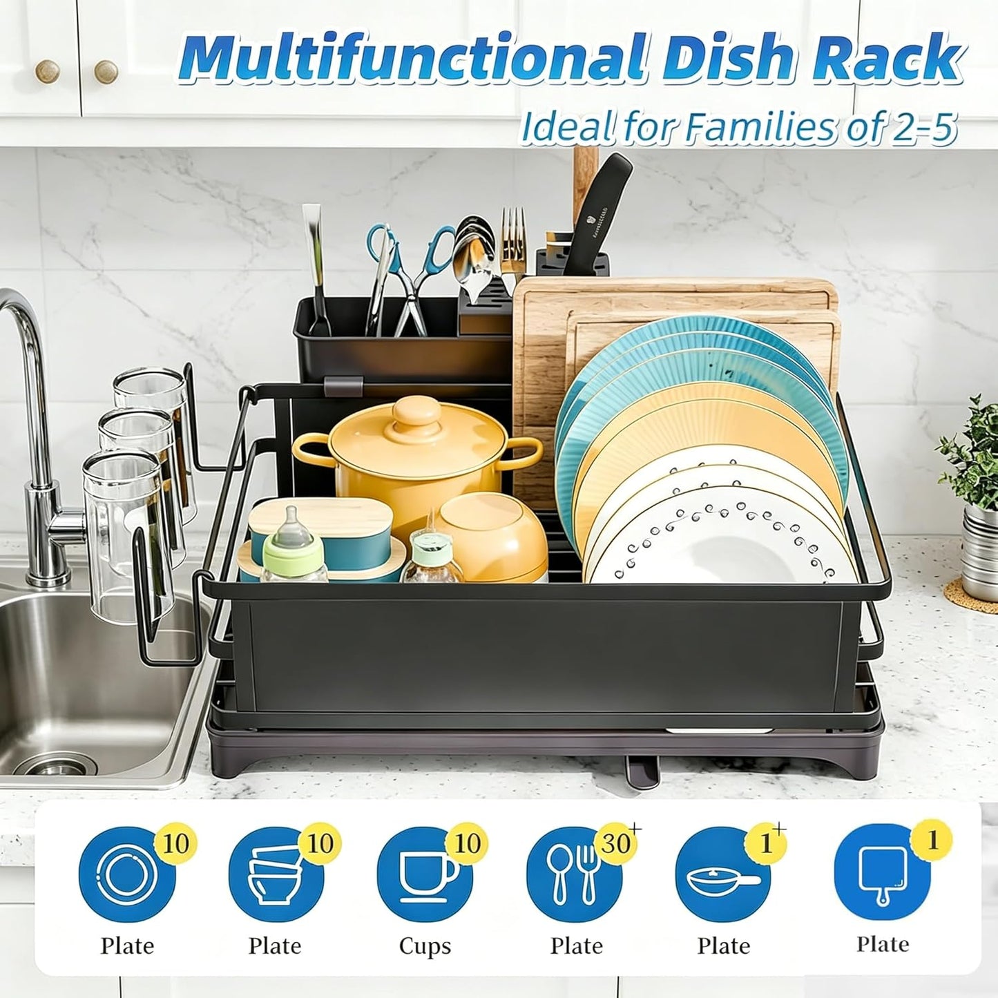 Dish Drying Rack, Dish Drainer for Kitchen Counter, Dish Rack with Tray for Large Capacity, Black