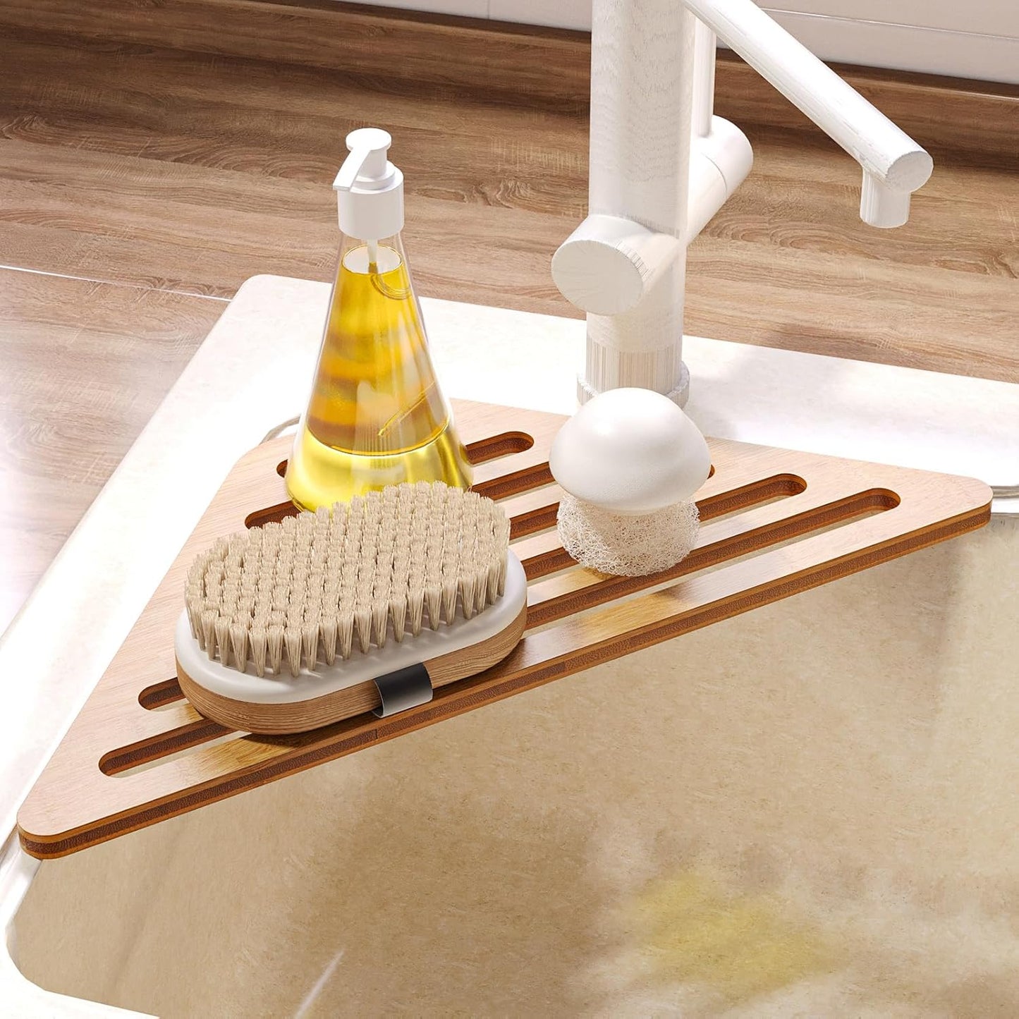 Dish Drying Rack for Sink Corner,Over The Sink Bamboo Dish Drainer Drying Rack,Dish Drainer Mat for Kitchen,Sink Accessories(Natural)